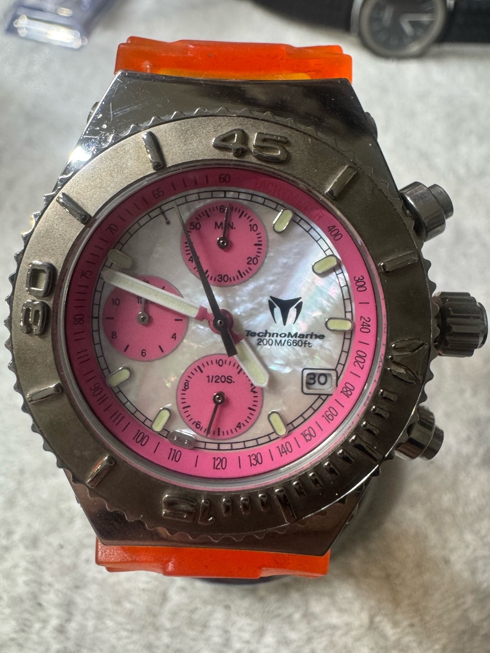 Technomarine Men’s Pink Dial Orange Strap Chronograph Swim Watch